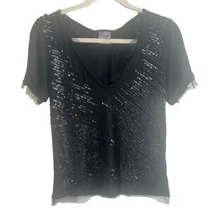 Red Valentino‎ Black Knit Sequined Tulle Bow Short Sleeve Neck size medium